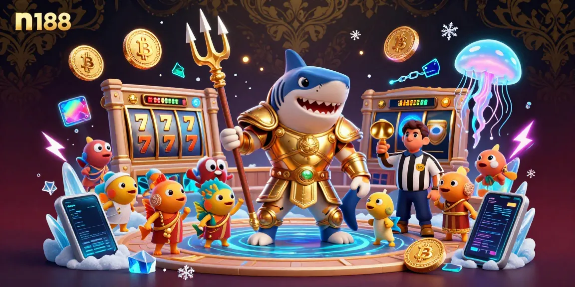 Engage in thrilling n188 slots gameplay with a tiger shark in gladiator armor among vibrant underwater visuals.