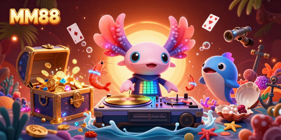 Join the exciting world of MM88 as a neon axolotl DJ spins records amidst a treasure of gems.