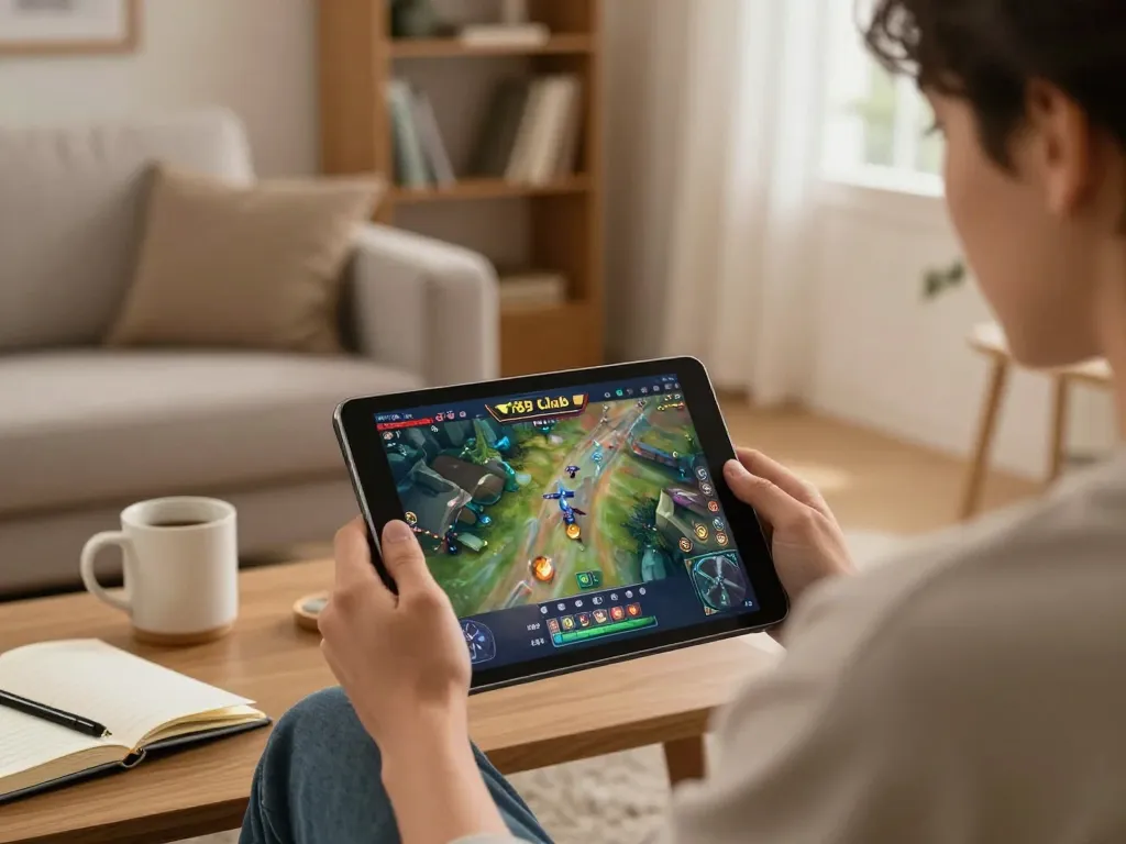 Engaging in gaming strategies at 789 club on a tablet in a cozy setting.