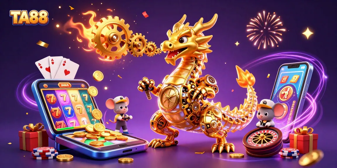 Engage with TA88's magical gaming world featuring a golden dragon and vibrant slot games.