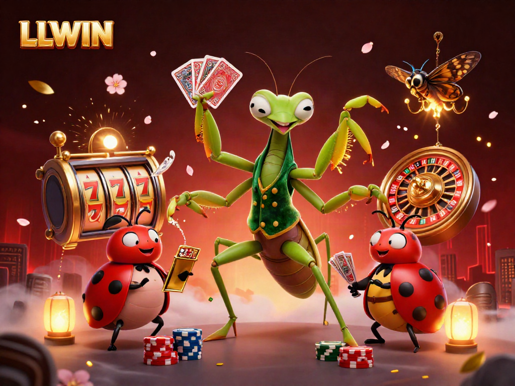 LLWIN offers a vibrant gaming experience with a praying mantis card sharp and a ladybug pit boss in a dynamic casino environment.
