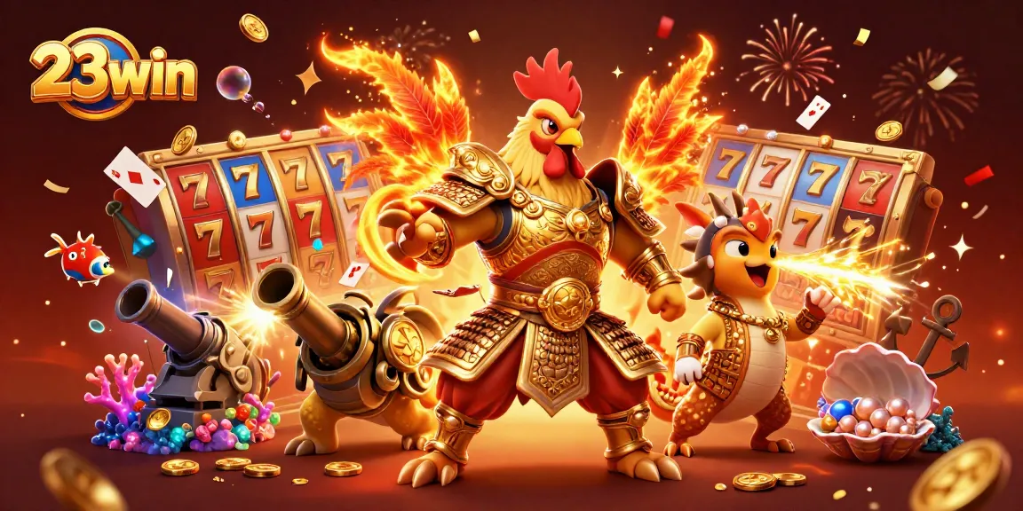 Engage with exciting slots and jackpots at 23win, showcased alongside colorful casino characters and treasures.