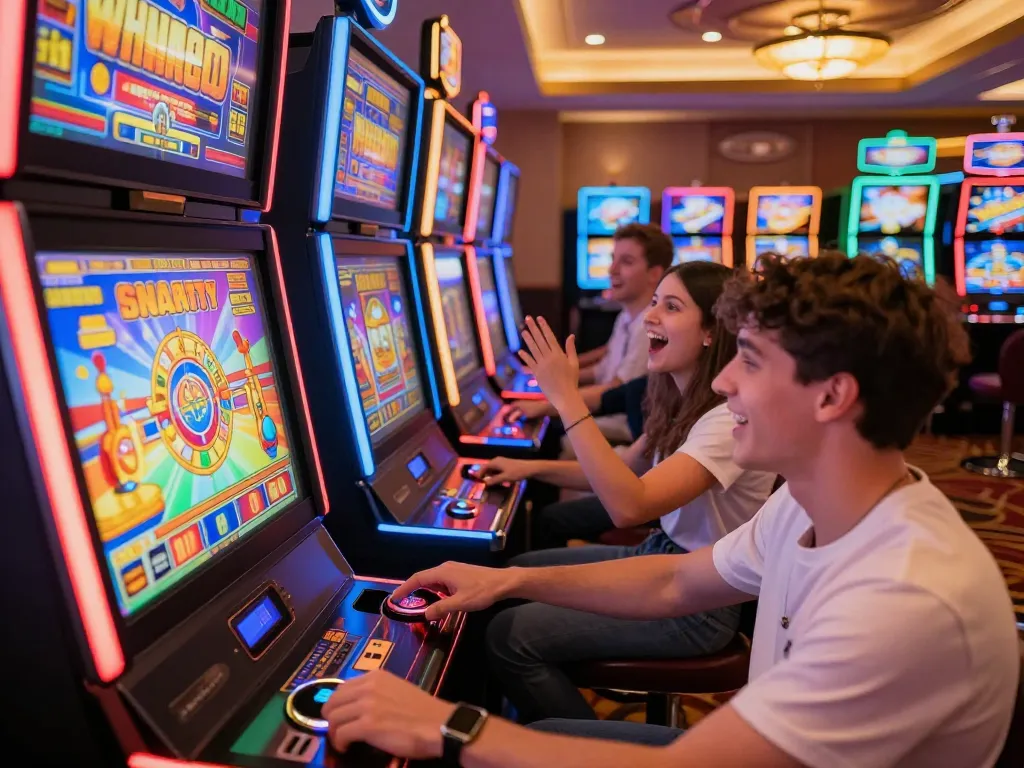 Players excitedly spinning link slot machines on a vibrant casino floor.