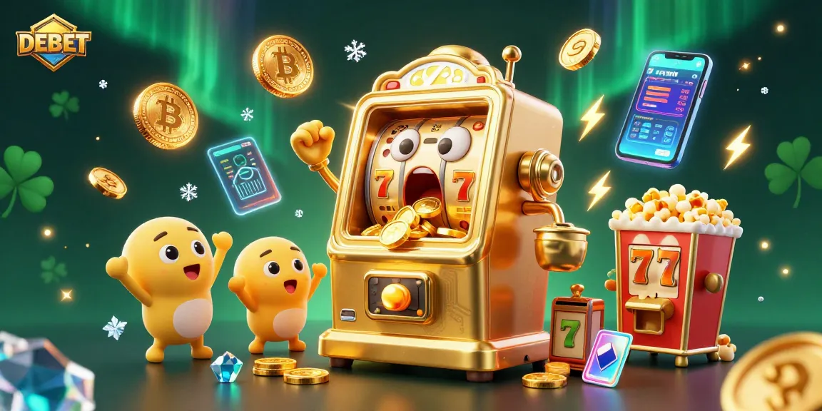 Experience DEBET's thrilling slot excitement with a golden machine celebrating its jackpot amidst a vibrant casino scene.