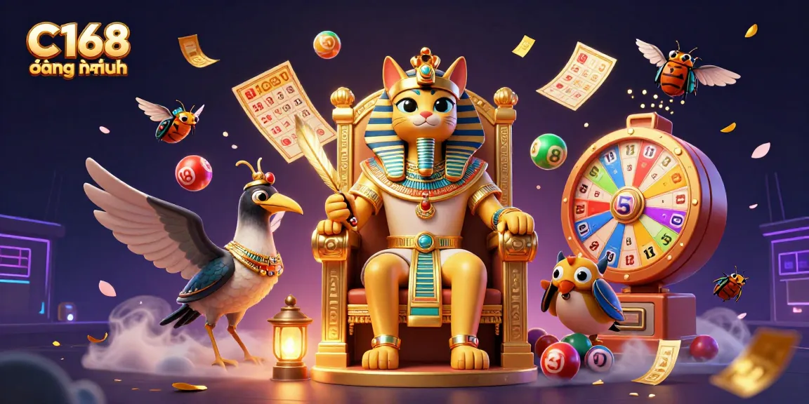 C168 đằng nhập showcases a vibrant 3D scene with a cartoon pharaoh cat overseeing colorful gambling elements like lottery balls and money rain.