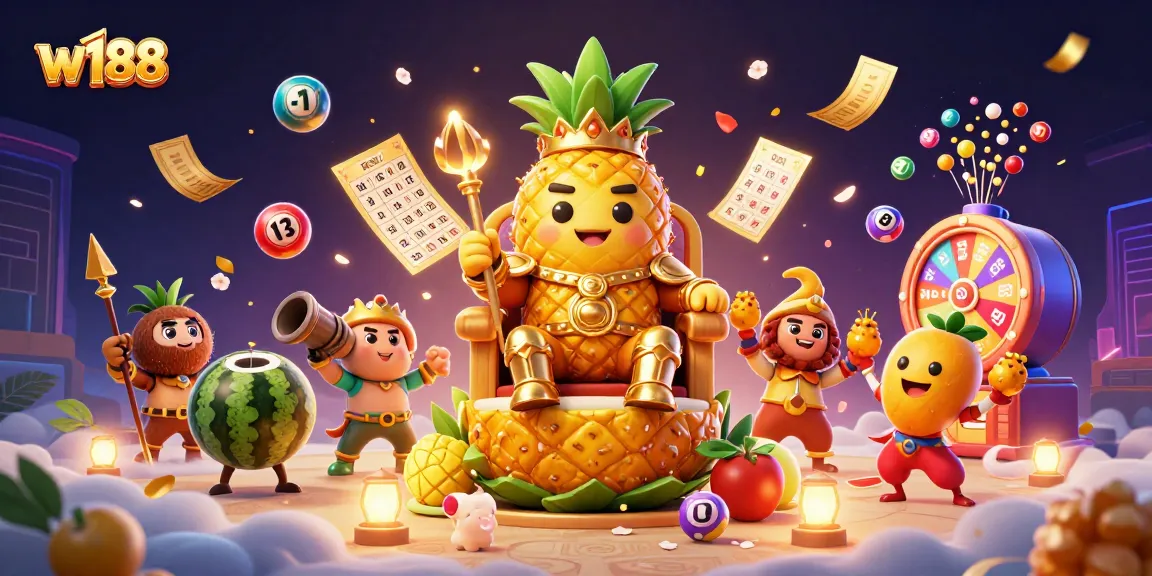 Experience vibrant gaming excitement at w188 with a dynamic illustration of a cartoon casino scene.