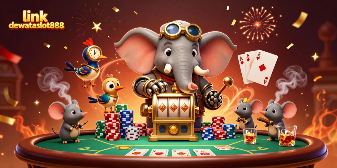 Menang besar dengan link dewataslot888, ilustrasi kasino 3D meriah dengan elemen permainan kartu dan slot.