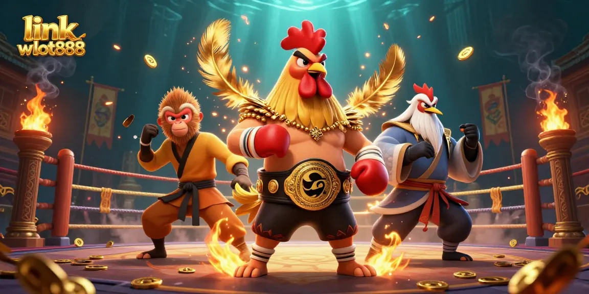 Mengunjungi link wslot888 dalam pertandingan tarung ayam virtual yang penuh warna, karakter 3D bertarung.