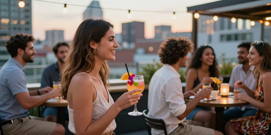 Gái gọi trong không gian bar rooftop hiện đại, thu hút sự chú ý.