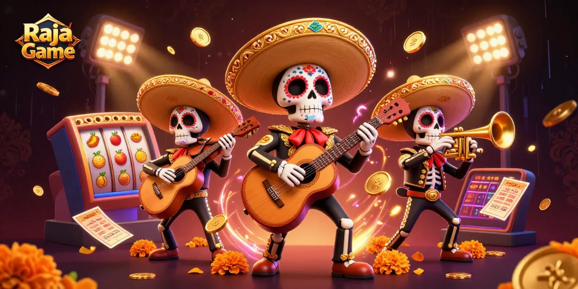 Engage in thrilling casino activities with Raja Game, featuring vibrant Mexican skeleton band amid slots and golden trophies.