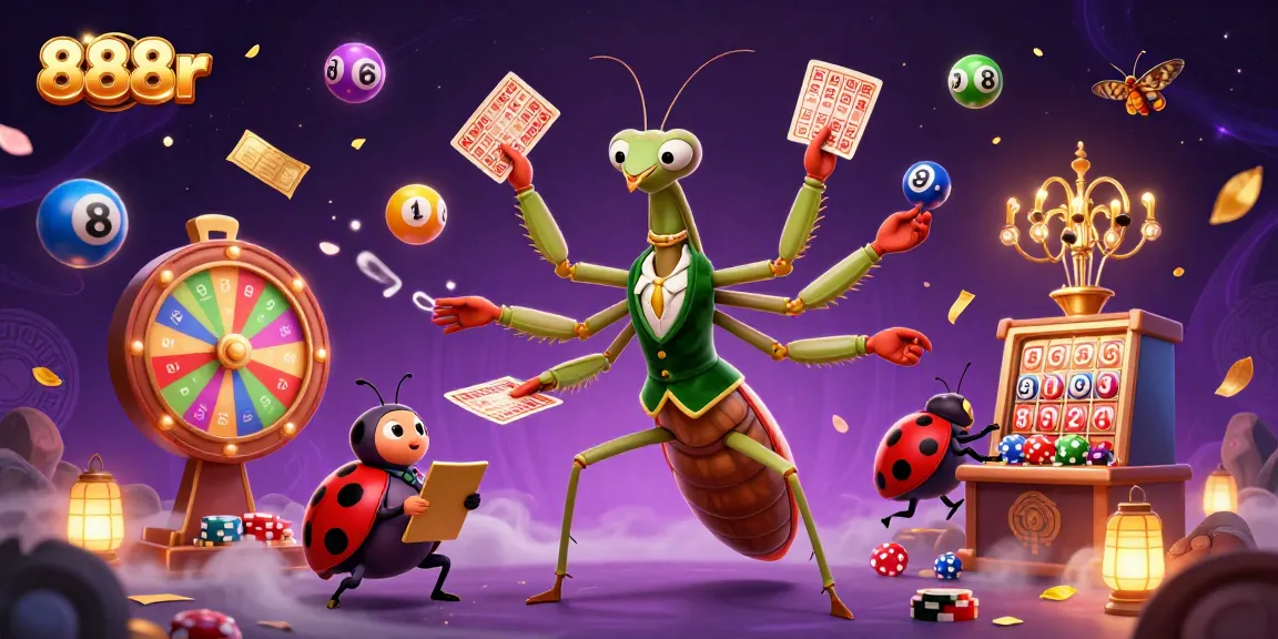 Engage with 888r's vibrant lottery scene featuring 3D characters and dynamic casino elements.