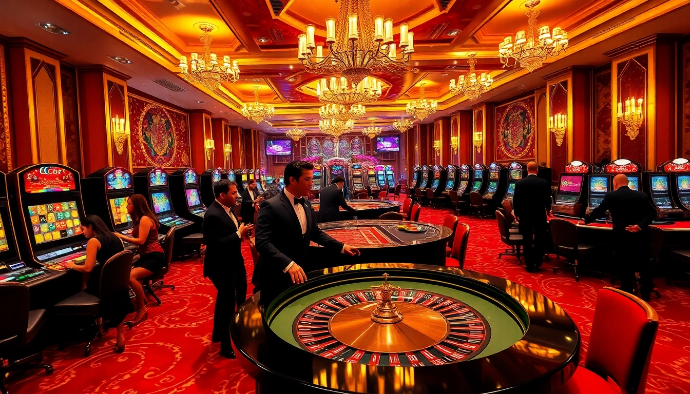 Excited gamblers playing at LC88's luxurious roulette table in a vibrant casino.