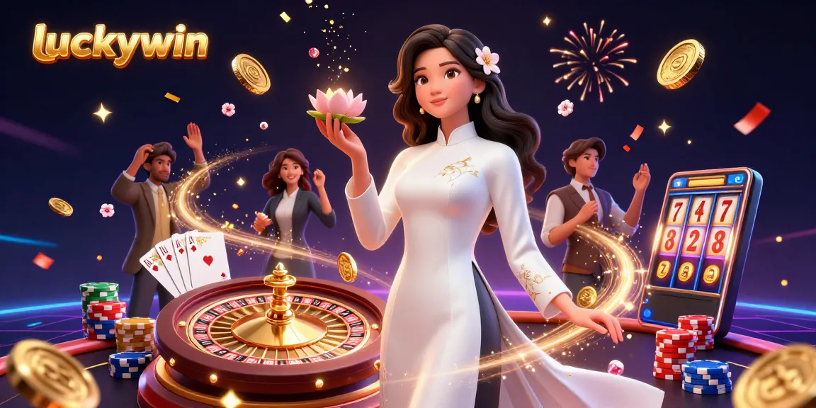 Experience the excitement of luckywin with a vibrant casino scene filled with gold coins, cards, and joyous celebrations.