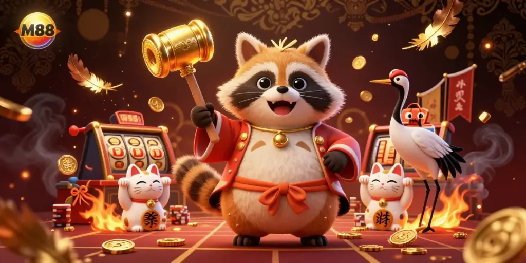 Engage with the vibrant M88 casino scene featuring a lucky tanuki and colorful maneki-neko.