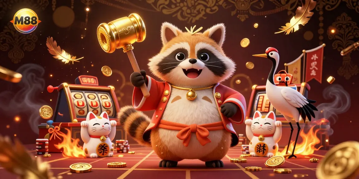 Engage with the vibrant M88 casino scene featuring a lucky tanuki and colorful maneki-neko.