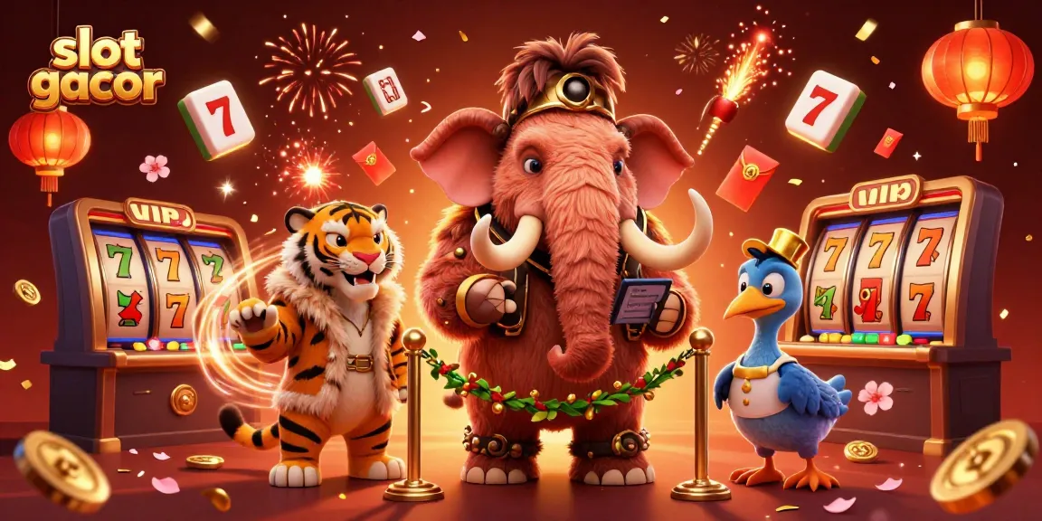 Experience the thrilling slot gacor action with a vibrant casino scene featuring playful characters and festive elements.