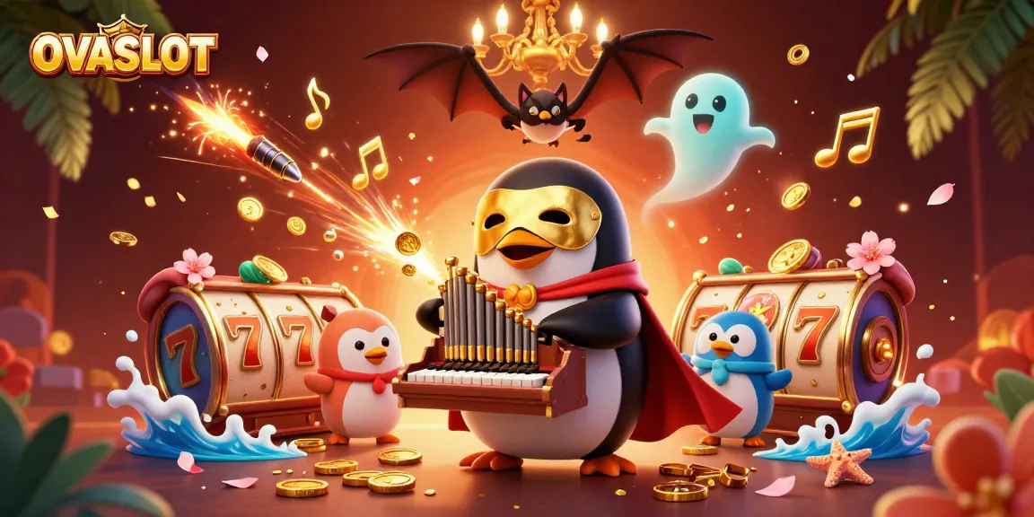Experience excitement at OVASLOT with colorful slot reels, golden coins, and animated characters.