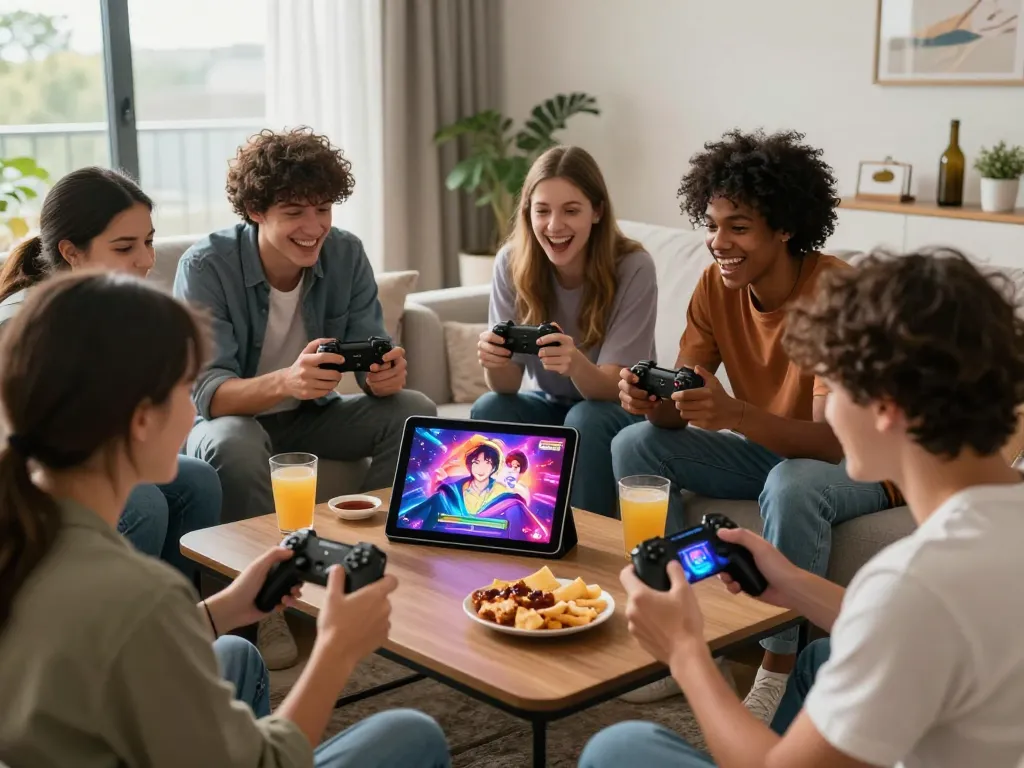 Friends enjoying a colorful sex game on a tablet in a lively living room setting.