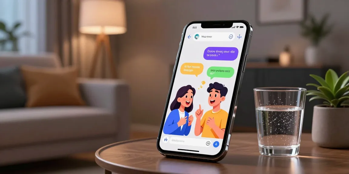 AI spicy talk conversation on a smartphone screen between animated characters in modern living room.