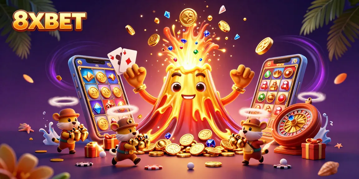 Experience the thrill of 8XBET with a vibrant illustration showcasing a golden volcano erupting treasures.