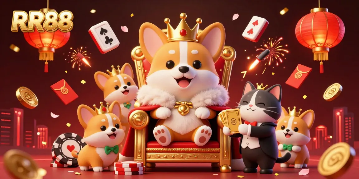 Experience the exciting world of RR88 with a royal corgi and interactive game elements in this vibrant casino illustration.