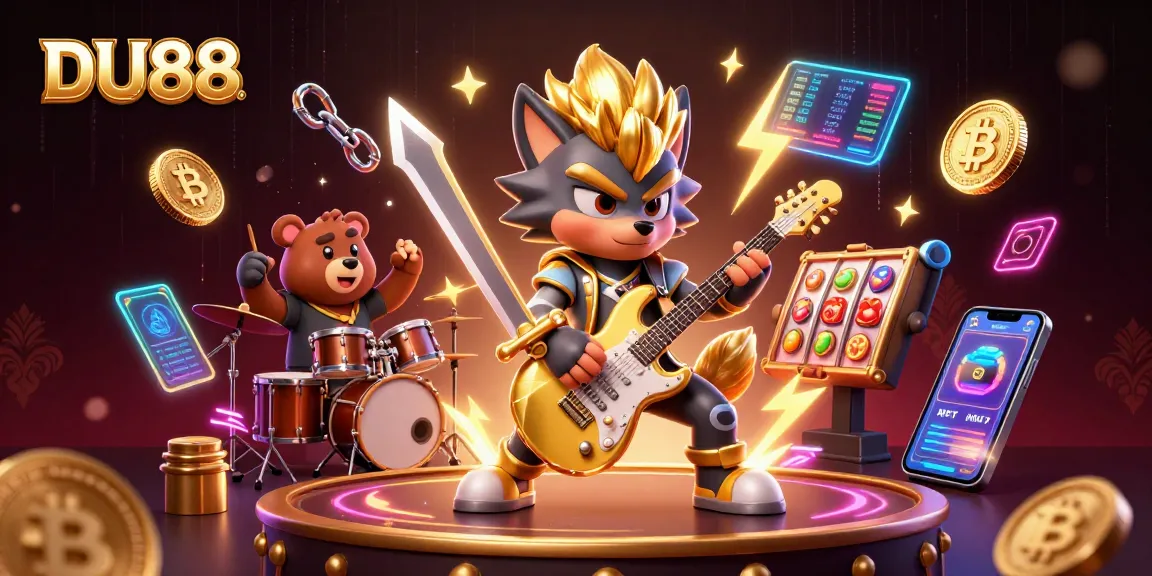 Engage in dynamic DU88 casino excitement with a vibrant 3D scene featuring rock star characters and crypto elements.