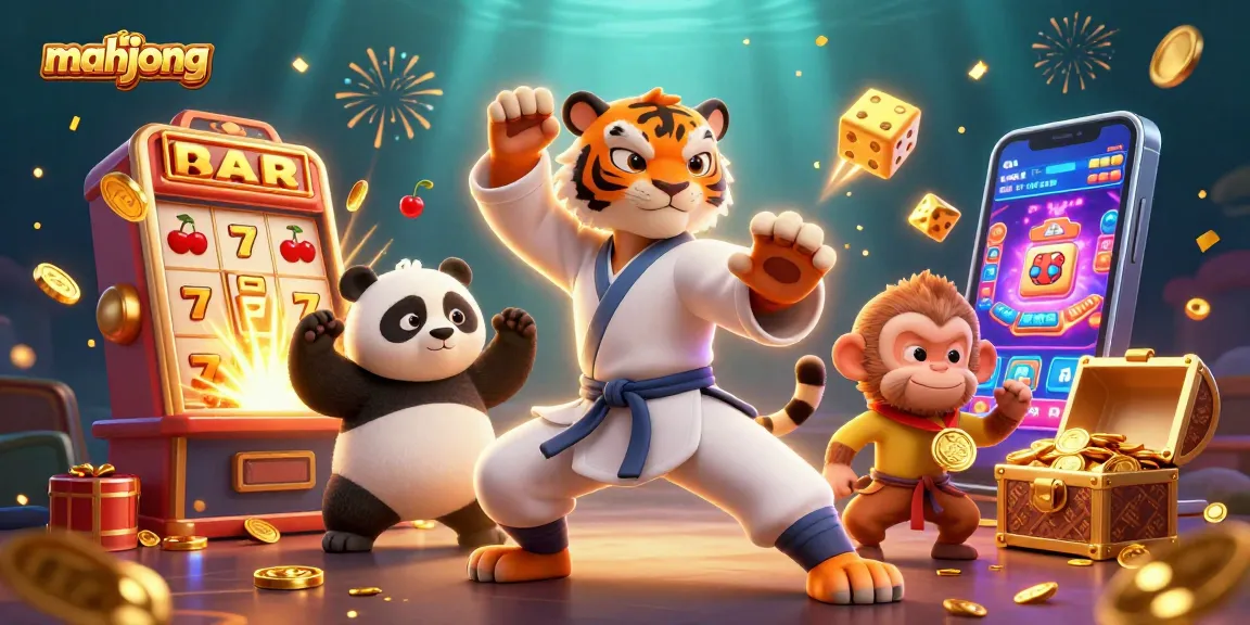 Engage with mahjong in this vibrant casino scene featuring actions around slots, gold, and animated characters.