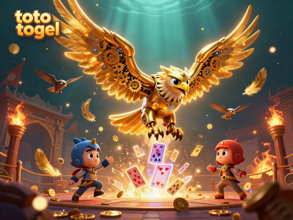 Experience the thrill of toto togel with an epic gaming illustration featuring a dynamic golden eagle amidst colorful playing cards.