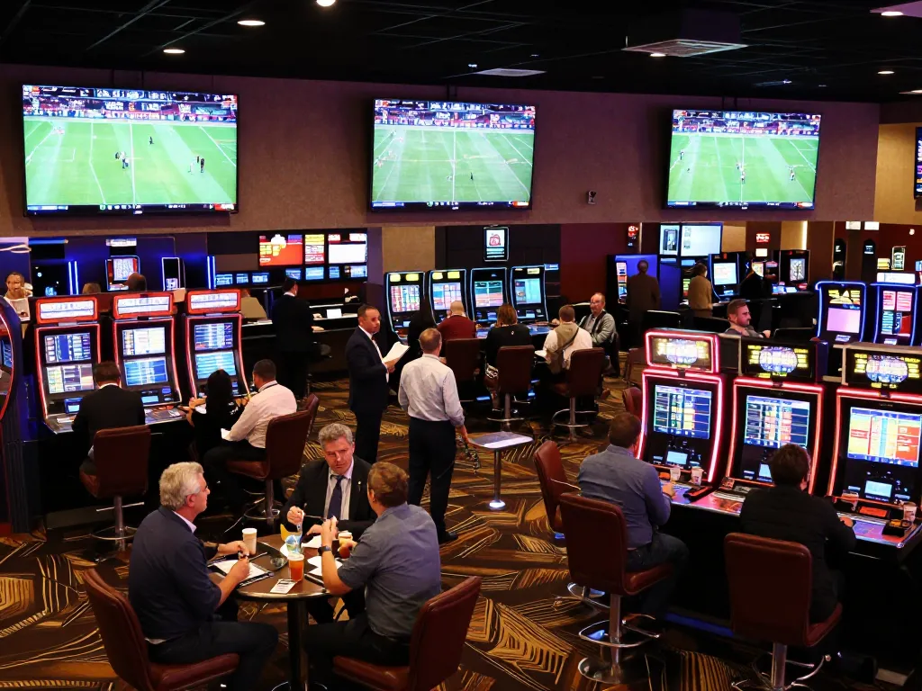 Sports enthusiasts analyzing bets at a vibrant tylebongda sports betting venue
