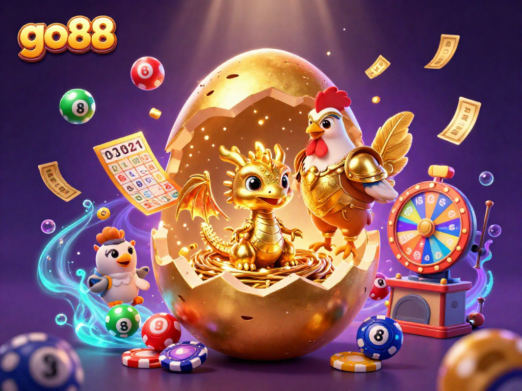 Go88's energetic scene showcases a golden egg and captivating gambling elements.