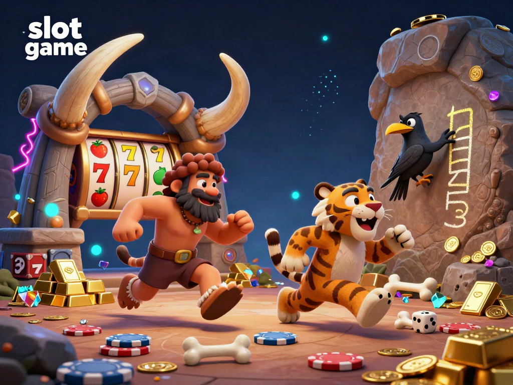 Engage in exciting slot game action with prehistoric characters in a vibrant casino setting filled with treasures and neon lights.