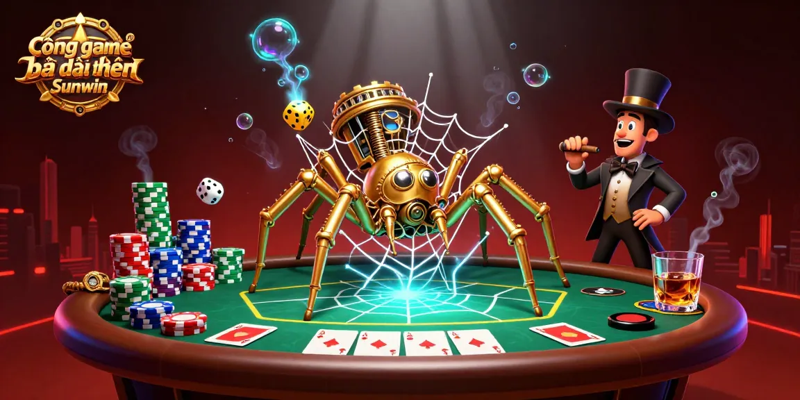 Cổng game bài đổi thưởng Sunwin showcases a whimsical scene of a steampunk spider weaving golden chains, surrounded by vibrant poker assets.