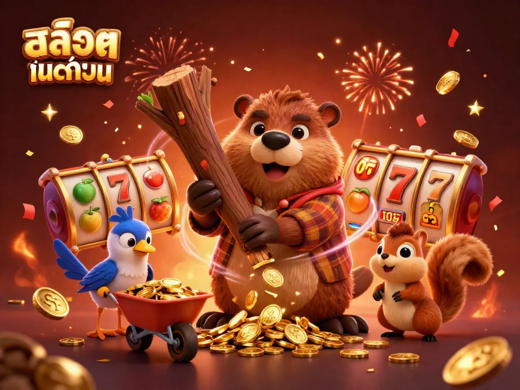 Spin to win withสล็อตทดลอง, a festive scene featuring a beaver gathering golden coins while immersed in slot game excitement.