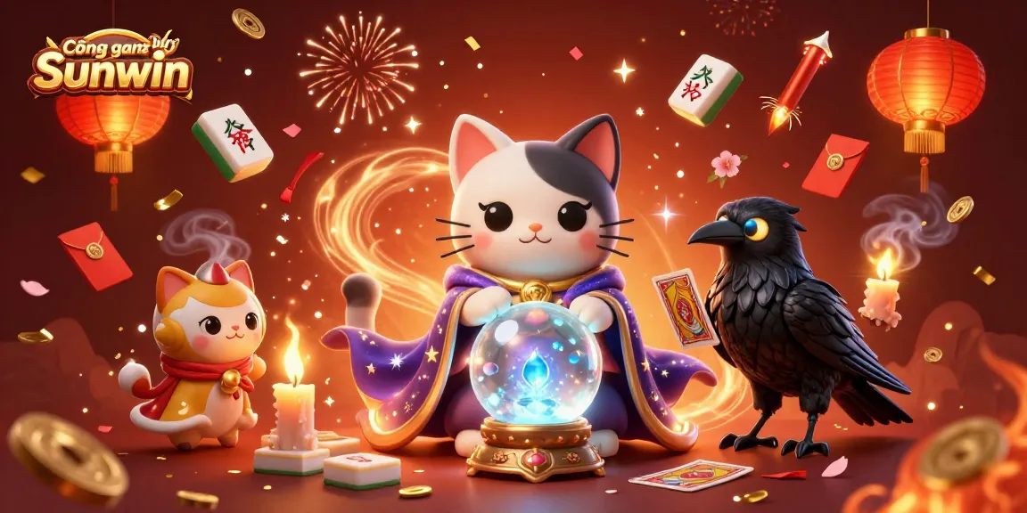 Cổng game bài đổi thưởng Sunwin features a mystic cat, a tarot raven, and a vibrant casino scene full of magical elements.