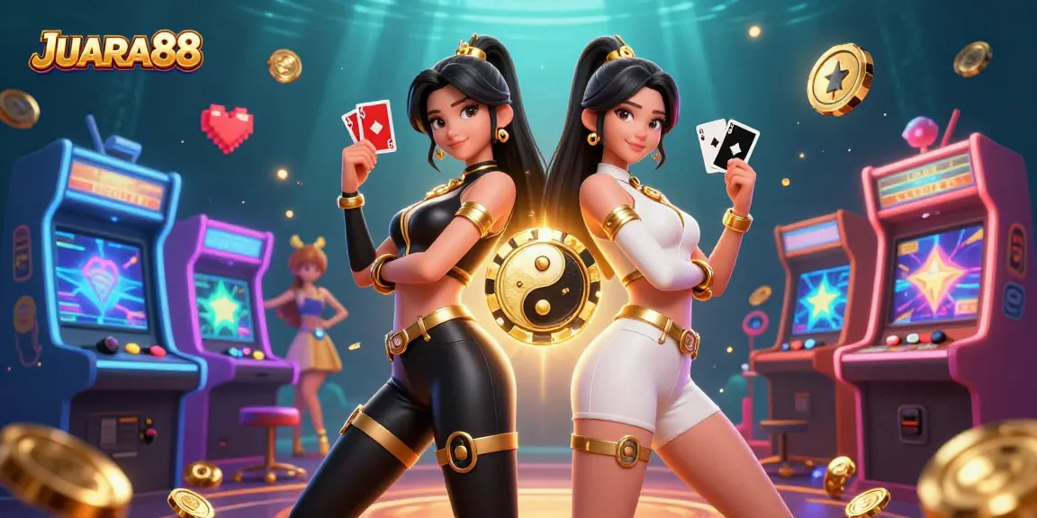 Experience JUARA88 with stunning twin Asian women, poker cards, and vibrant casino-themed gameplay.