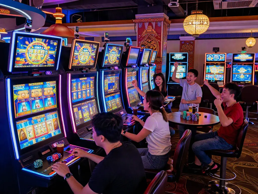 Hotwin88 gaming casino scene with players celebrating wins surrounded by vibrant slot machines and neon lights.