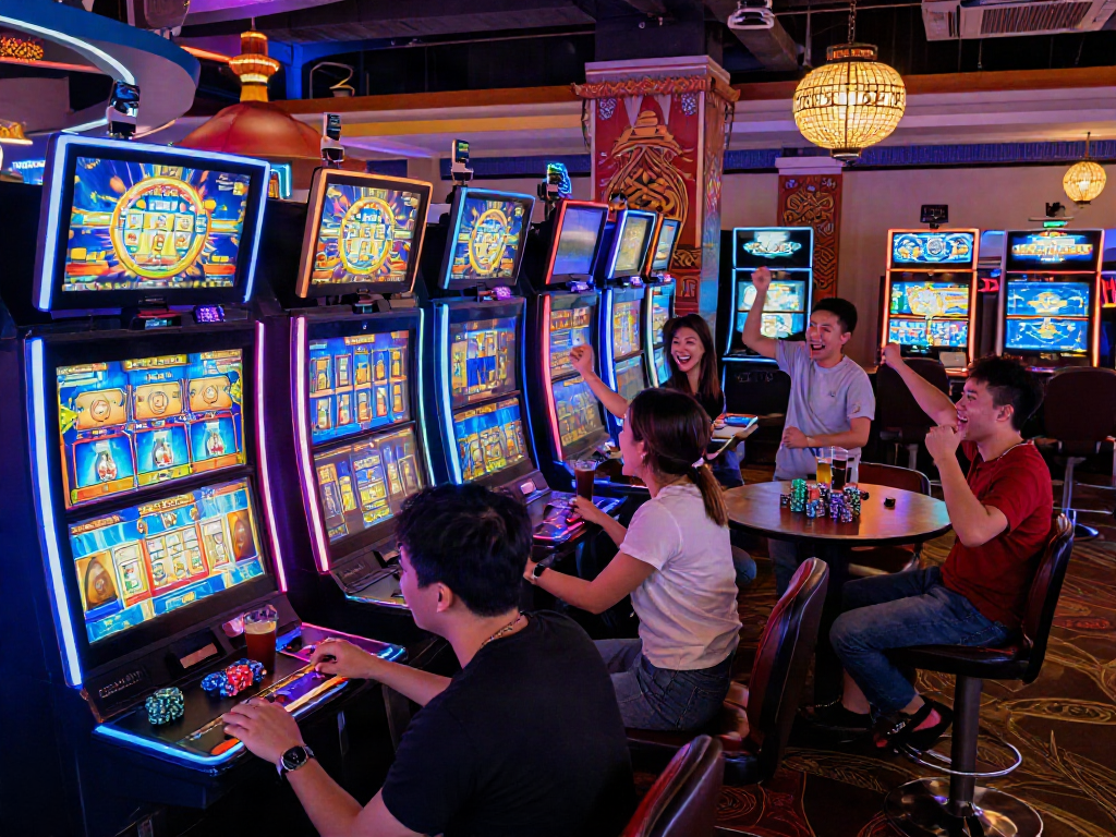 Hotwin88 gaming casino scene with players celebrating wins surrounded by vibrant slot machines and neon lights.
