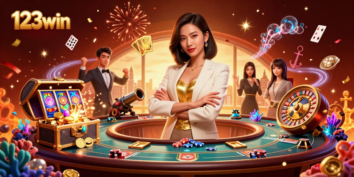 Join 123win for an exciting casino experience with a stylish dealer and dynamic gaming elements.