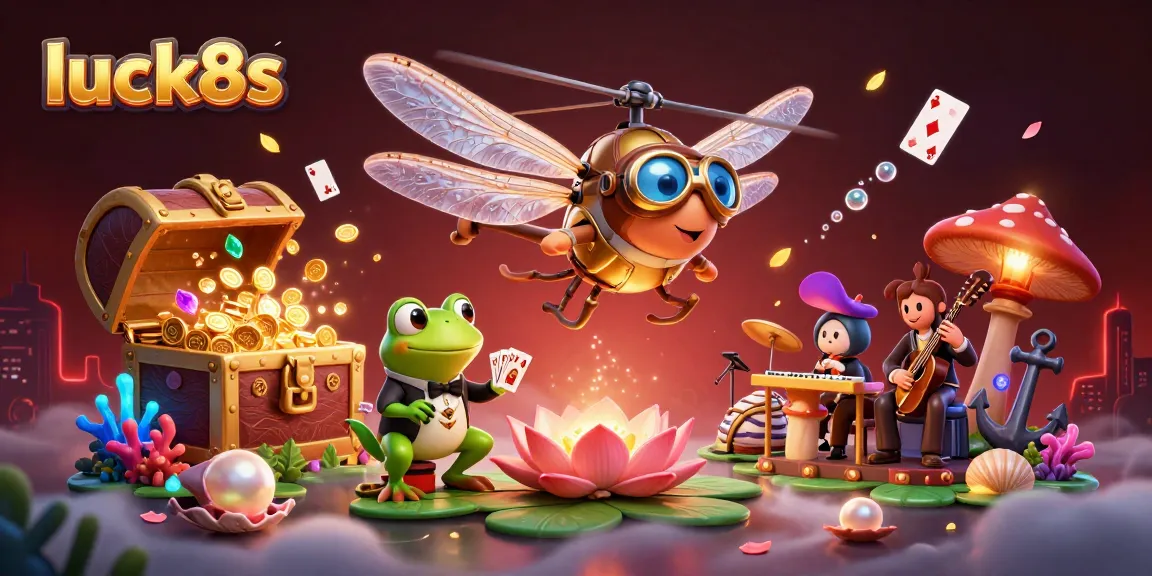 Experience luck8s with an exciting casino scene featuring a dragonfly pilot, frog dealer, and jazz musicians playing cards.