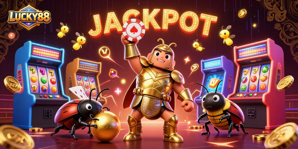 LUCKY88 inspired cartoon scene featuring a victorious beetle with casino elements, jackpot celebration.