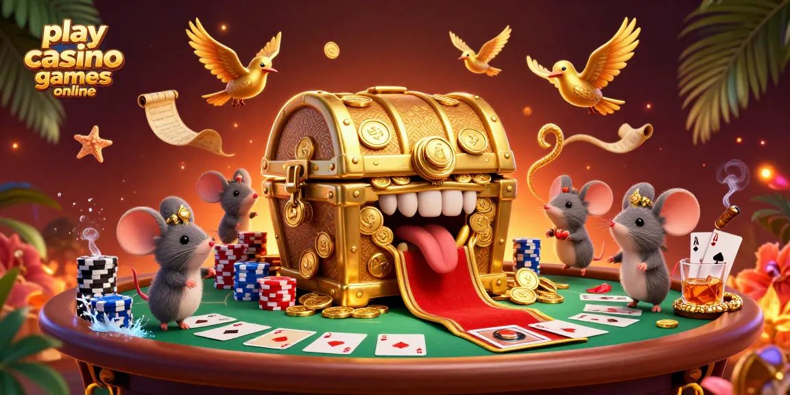 Engaging scene to play casino games online featuring a treasure chest and high-stakes poker elements.