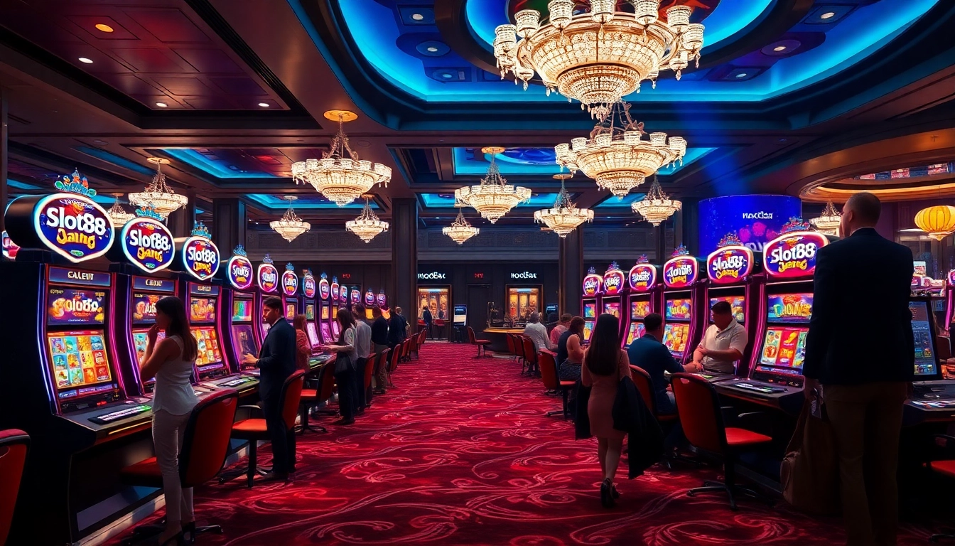 Players enjoying the thrill of slot88 machines in a vibrant casino setting.