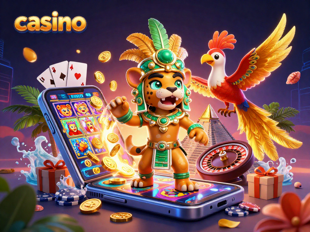 Engage with the vibrant casino scene showcasing Mayan themes and dynamic gaming elements.