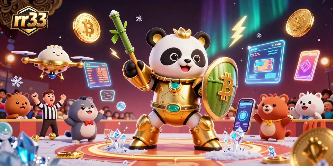 Experience thrilling lottery action with rr33 in a vibrant 3D illustration featuring a mech-suit panda amidst excited spectators.