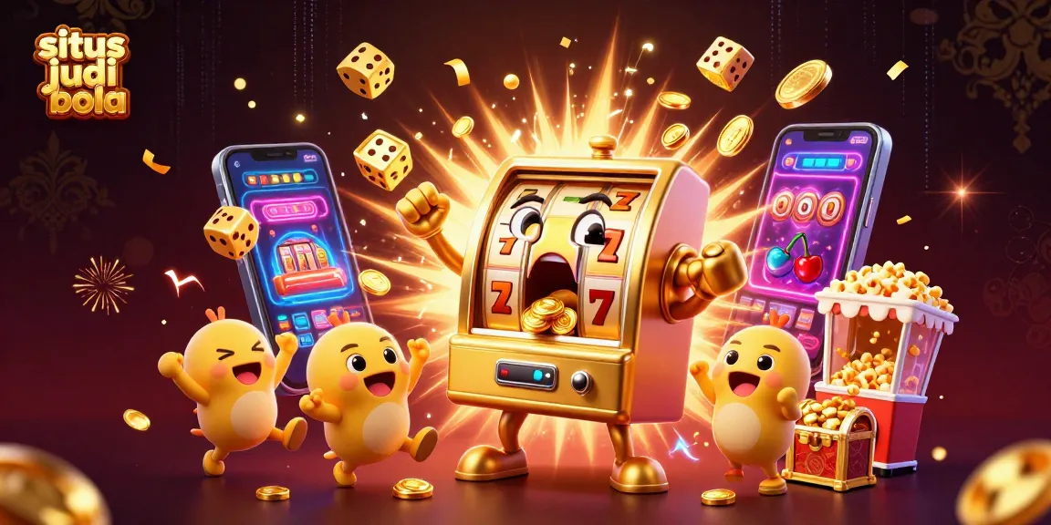 Situs judi bola celebrates with a golden slot machine winning, coins and jackpots flying around in this vibrant casino scene.