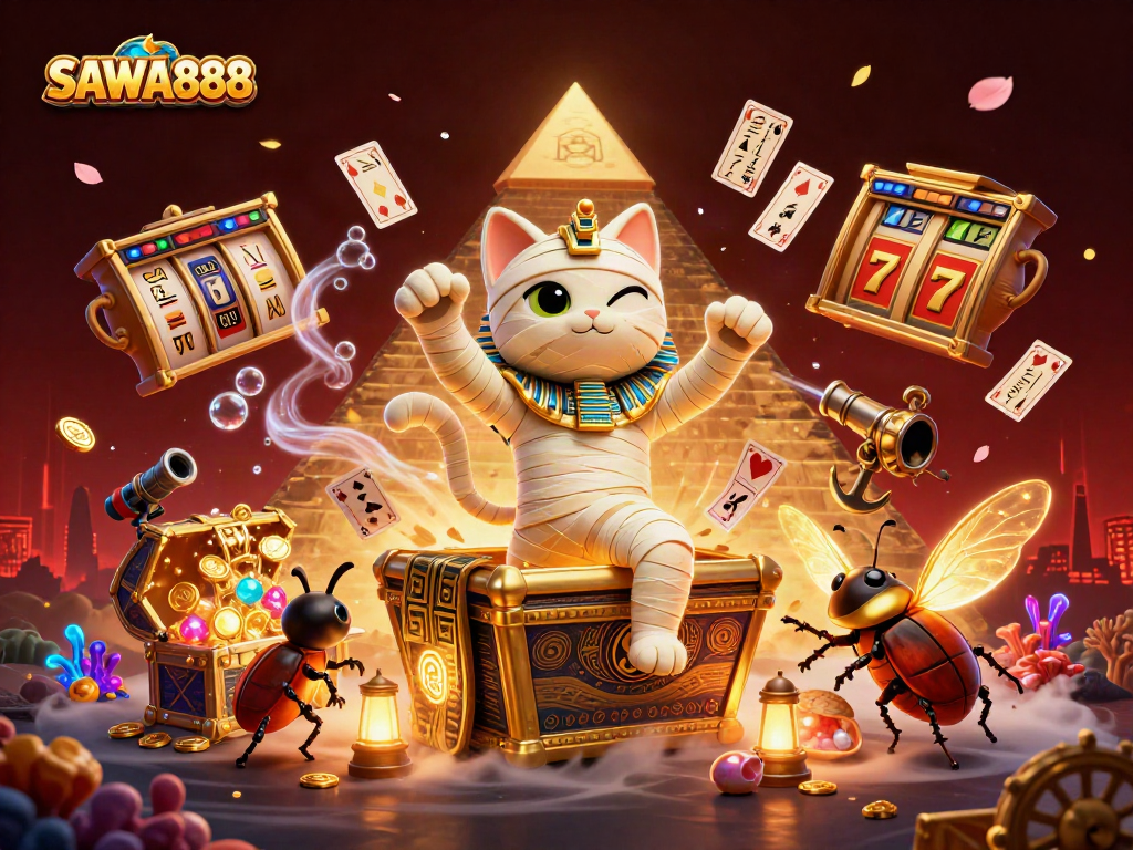 Spin the reels of SAWA888 with the Egyptian mummy cat in a vibrant casino scene filled with treasures.