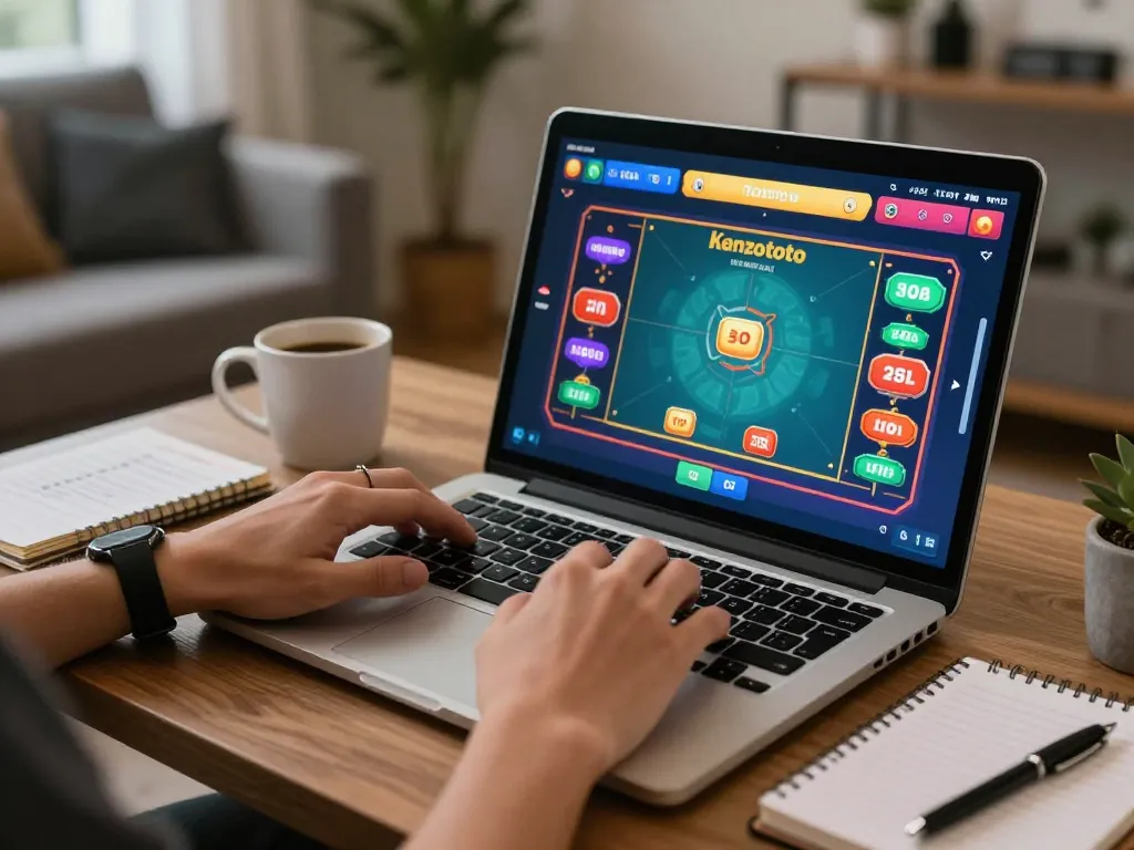 Pemain terlibat dalam judi online kenzototo, fokus pada antarmuka taruhan di pengaturan kantor rumah yang nyaman