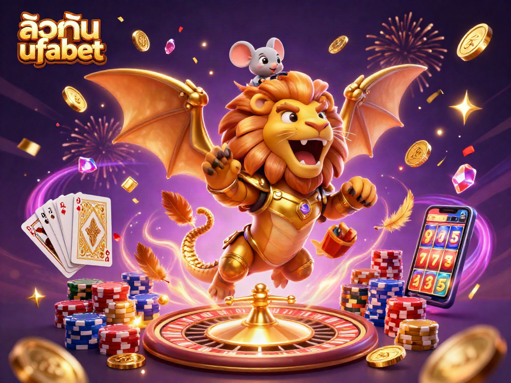 Experience ล็อคอิน ufabet with this captivating fantasy gambling scene featuring a roaring chimera.