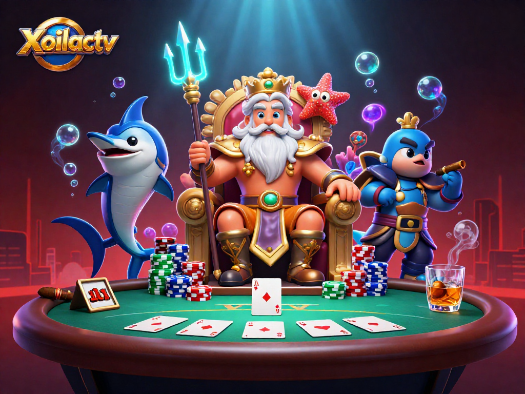 Xoilactv showcases a vibrant 3D rendering of a poker scene with Neptune and samurai in action.