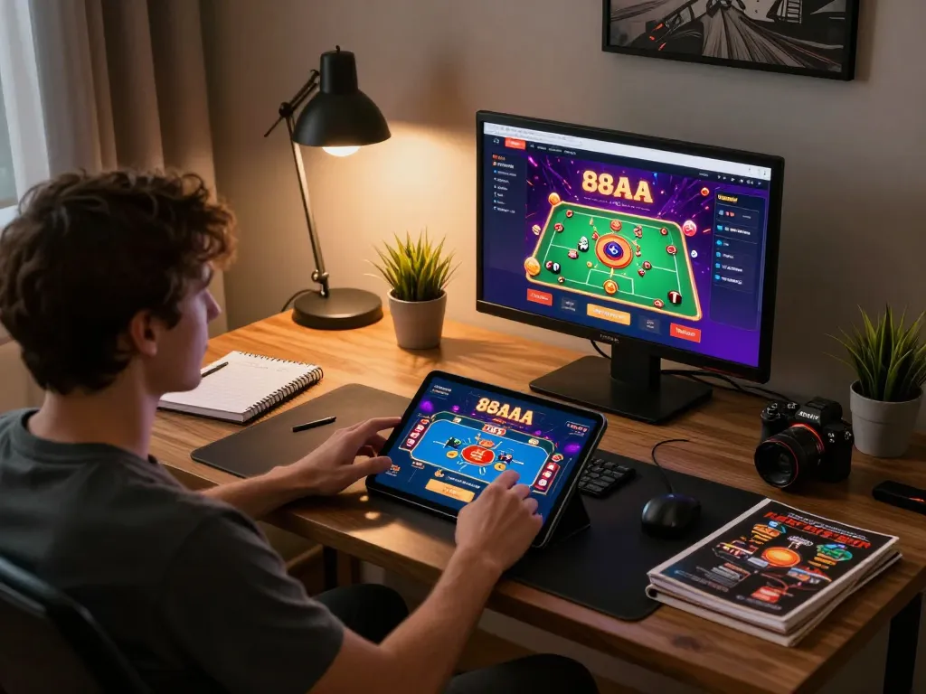 Engaging with the 88aa casino app in a cozy home gaming setup, showcasing dynamic gameplay.